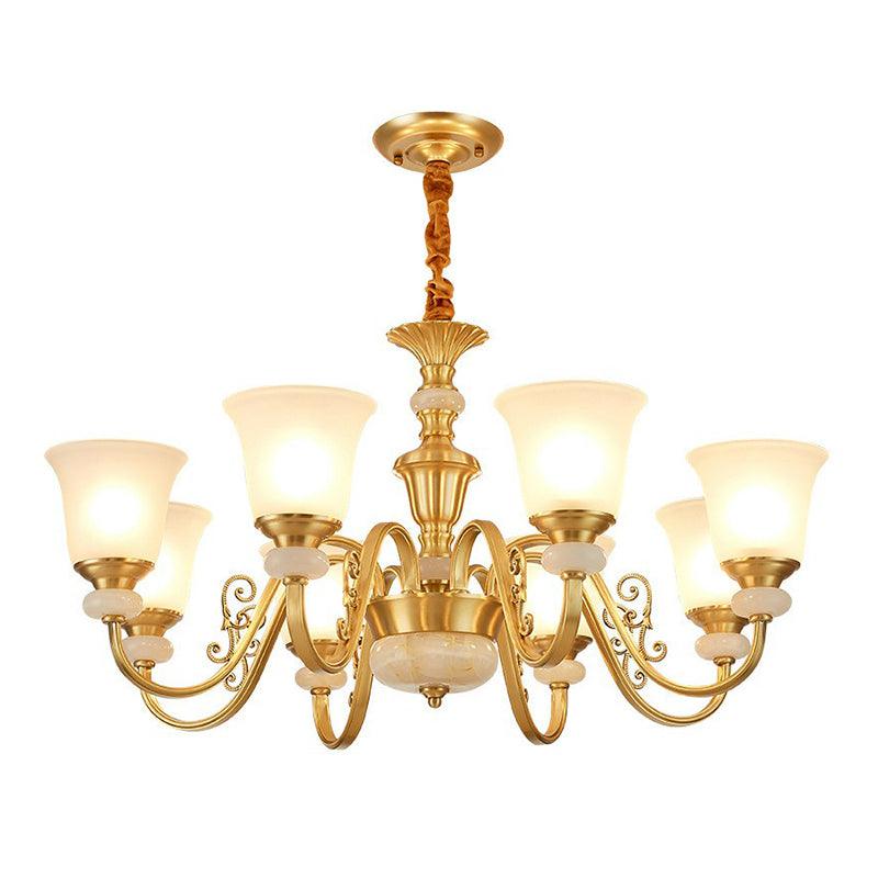 Bell Shaped Restaurant Suspension Lighting Colonial Style Frosted Glass Brass Chandelier - Rebooters