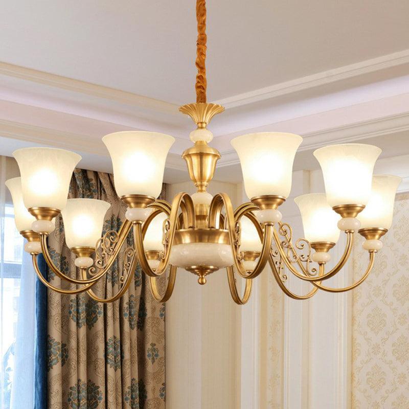 Bell Shaped Restaurant Suspension Lighting Colonial Style Frosted Glass Brass Chandelier - Rebooters