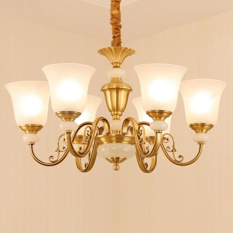 Bell Shaped Restaurant Suspension Lighting Colonial Style Frosted Glass Brass Chandelier - Rebooters