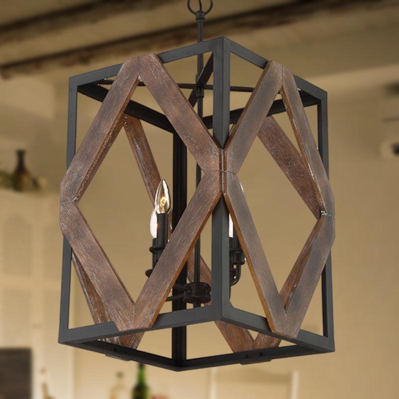 4 Light Rectangle Cage Hanging Lamp Lodge Style Black Metal Pendant Light - Rebooters