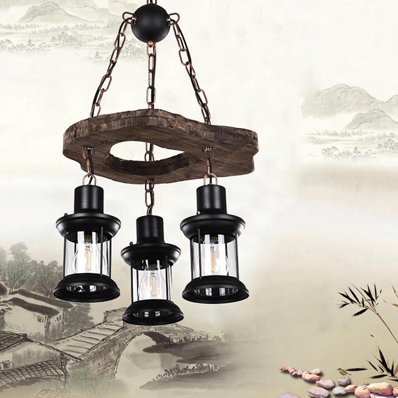 3-Light Clear Glass Chandelier Farm Style Brown Lantern Light - Rebooters