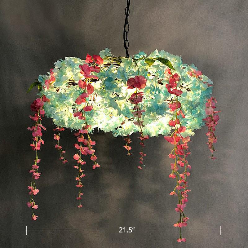 3-Bulb Round Hanging Lamp Loft Style Metal Pendant Light Fixture with Fake Flowers - Rebooters
