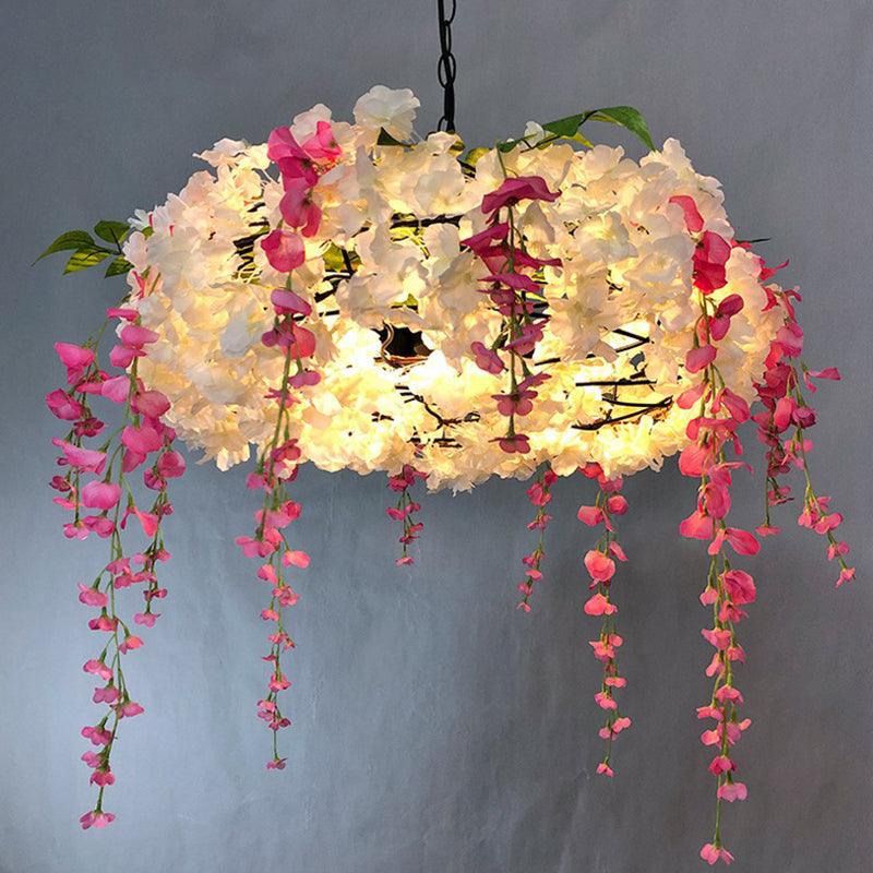 3-Bulb Round Hanging Lamp Loft Style Metal Pendant Light Fixture with Fake Flowers - Rebooters