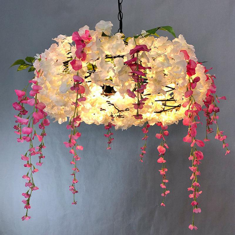 3-Bulb Round Hanging Lamp Loft Style Metal Pendant Light Fixture with Fake Flowers - Rebooters