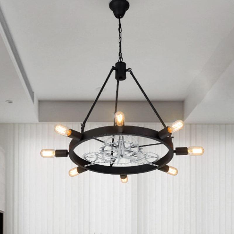 7/8 Bulbs Iron Hanging Chandelier Industrial Black Silver Gear Wheel - Rebooters