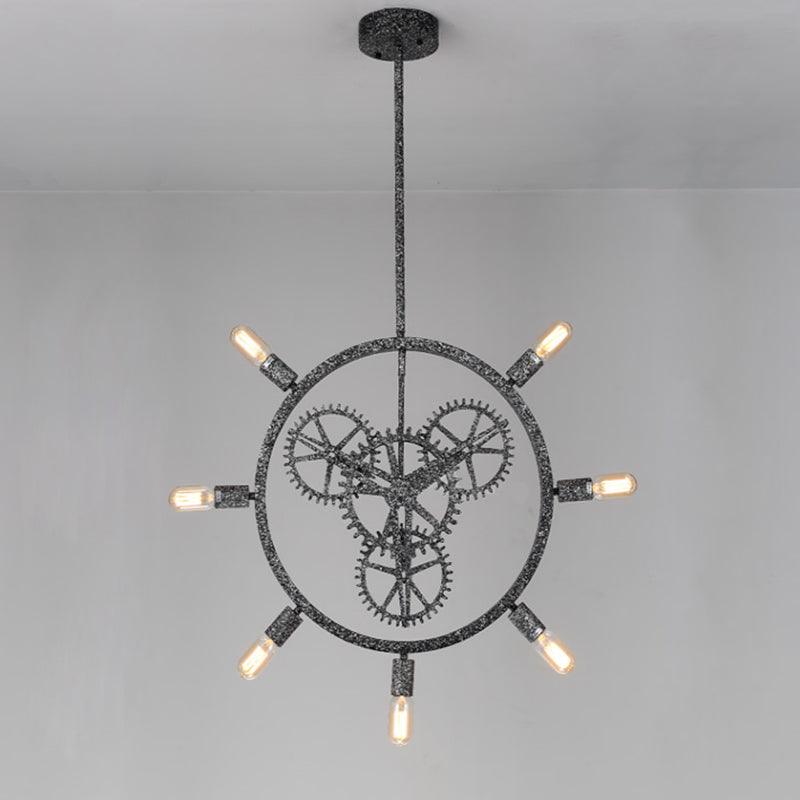 7/8 Bulbs Iron Hanging Chandelier Industrial Black Silver Gear Wheel - Rebooters