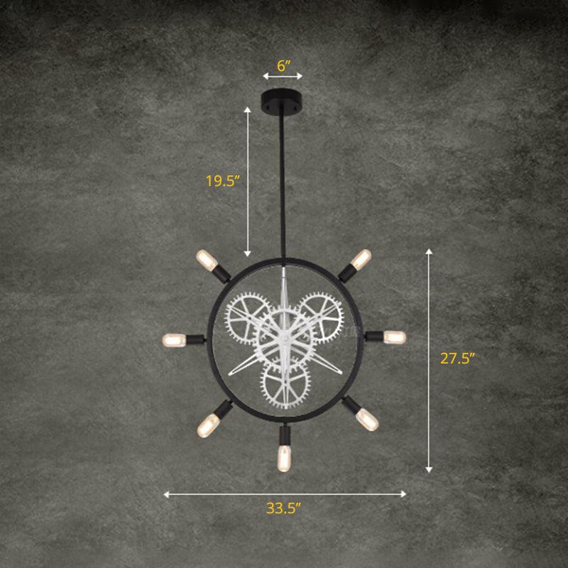 7/8 Bulbs Iron Hanging Chandelier Industrial Black Silver Gear Wheel - Rebooters