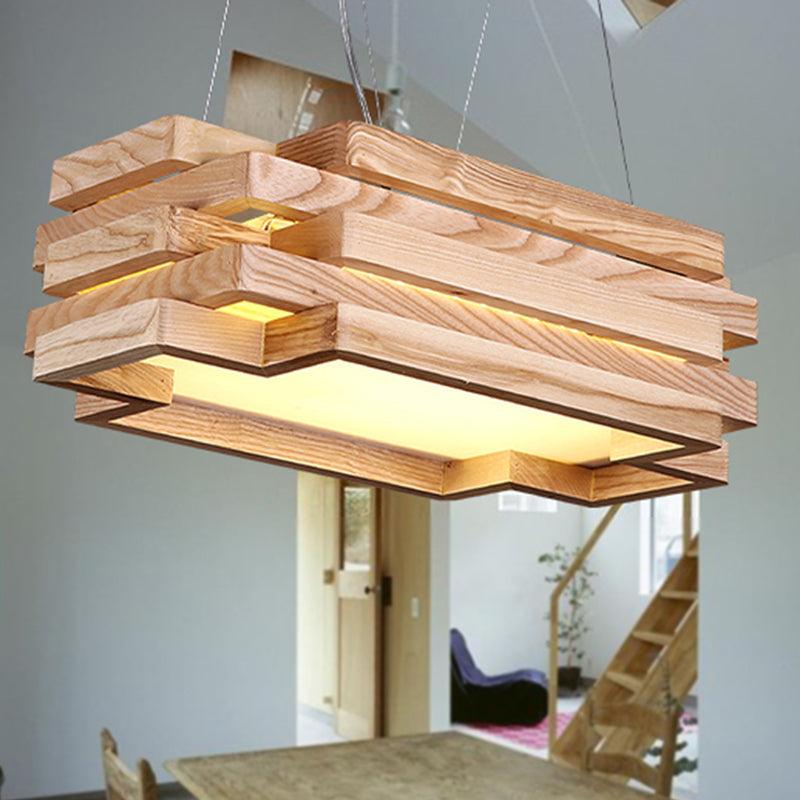 5-Tier Rectangle Hanging Light Wood Nordic Stylish LED Pendant Light in Beige for Tea Station - Rebooters