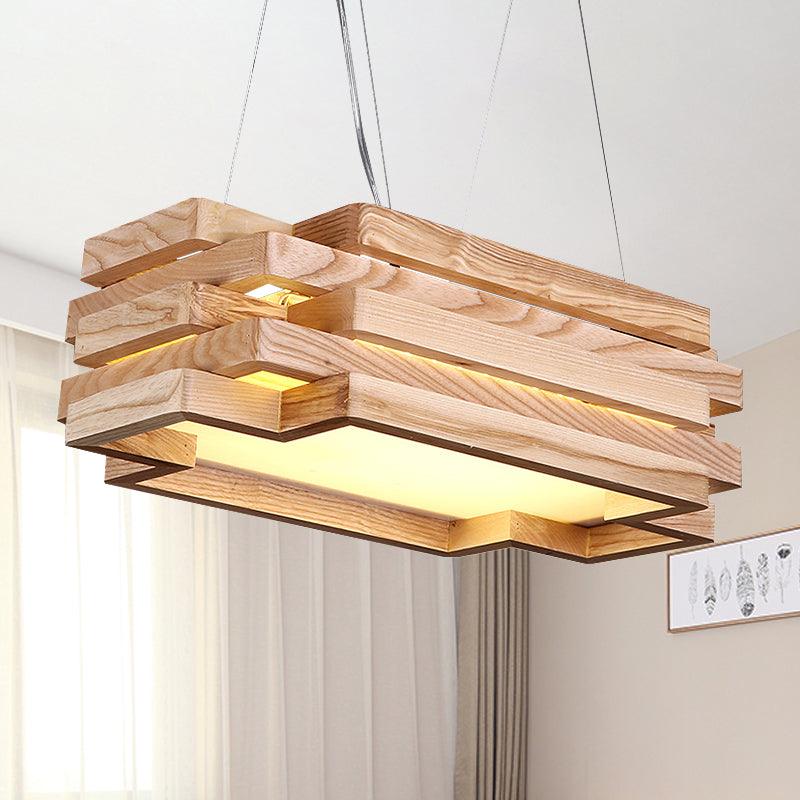 5-Tier Rectangle Hanging Light Wood Nordic Stylish LED Pendant Light in Beige for Tea Station - Rebooters