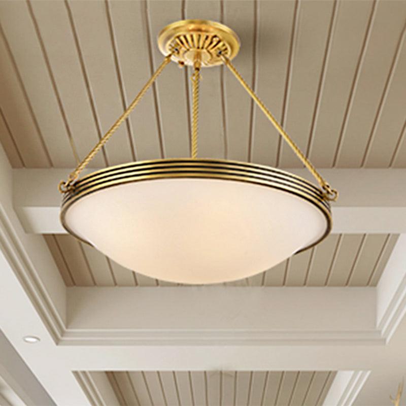 4-Light Opal Glass Hanging Chandelier Traditional Brass Bowl Living Room Pendant Light Fixture - Rebooters