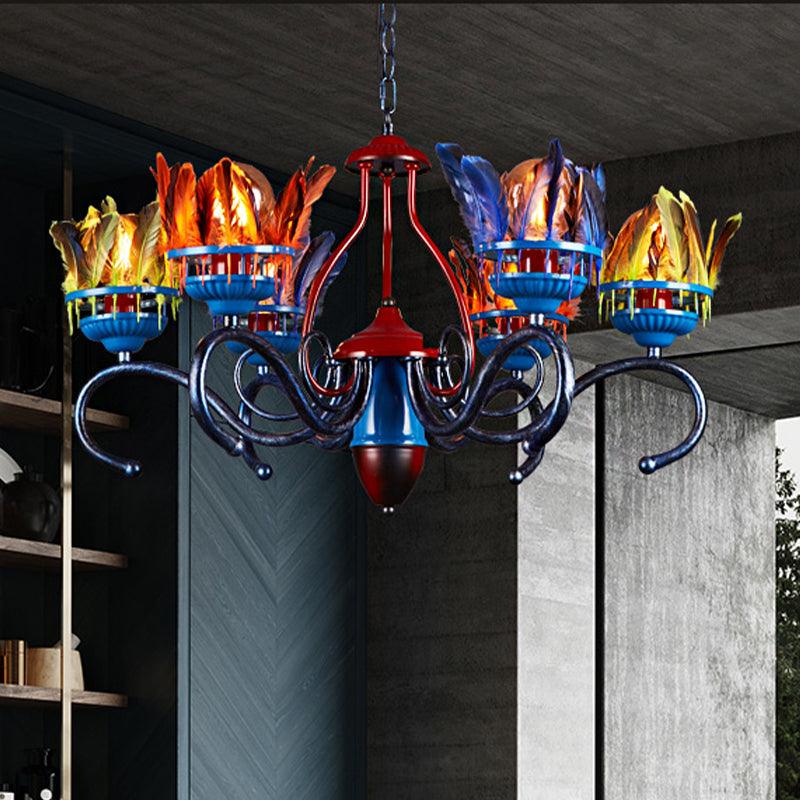 6 Lights Chandelier Lighting Fixture Antique Feather Metal Ceiling Suspension Lamp in Orange Blue for Restaurant - Rebooters