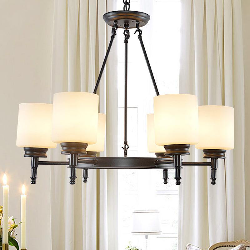 3/6 Lights Frosted Glass Chandelier Traditional Black Wheel Dining Room Fixture - Rebooters