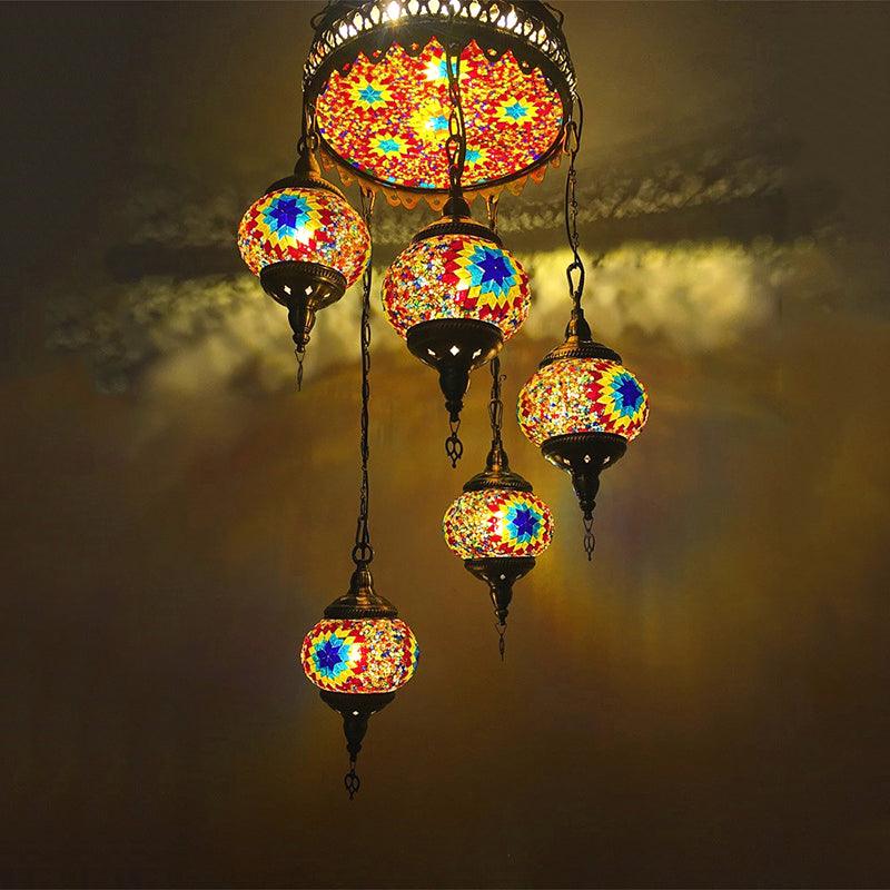 Ball Colorful Glass Hanging Chandelier Retro 6 Heads Bronze Ceiling Pendant Light - Rebooters