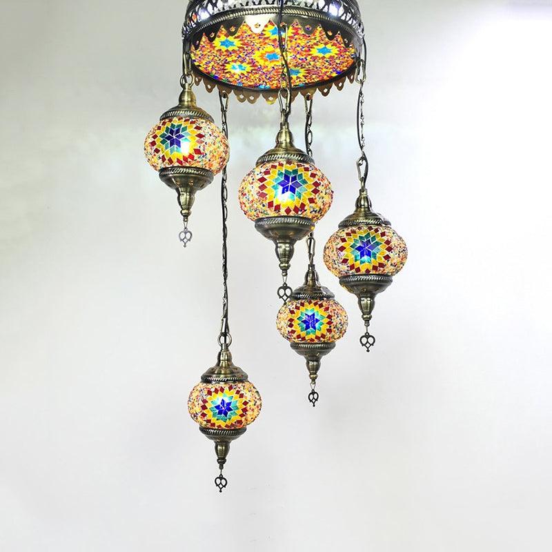 Ball Colorful Glass Hanging Chandelier Retro 6 Heads Bronze Ceiling Pendant Light - Rebooters