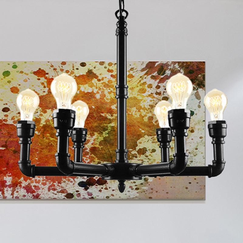 3/6 Heads Hanging Chandelier Lamp Vintage Bare Bulb Metal Pendant Light with Water Pipe in Black - Rebooters