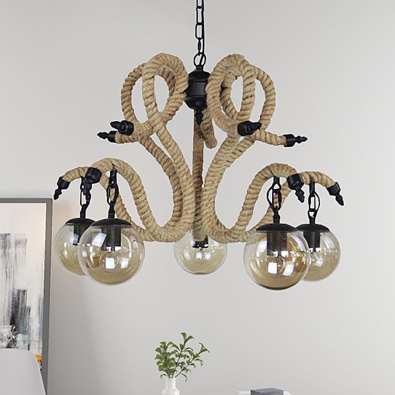 Amber Glass Ball Shade Hanging Chandelier Light Vintage 5 Lights Living Room Pendant Lighting - Rebooters