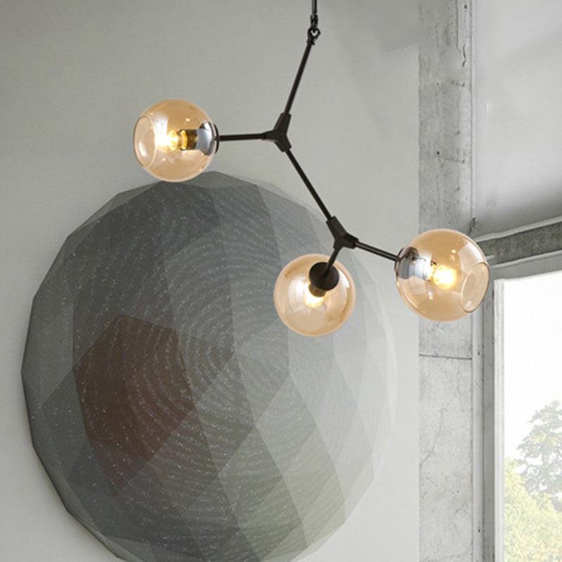 Amber Open Glass Orb Chandelier Living Room 3 Lights Modern Pendant Light in Black - Rebooters