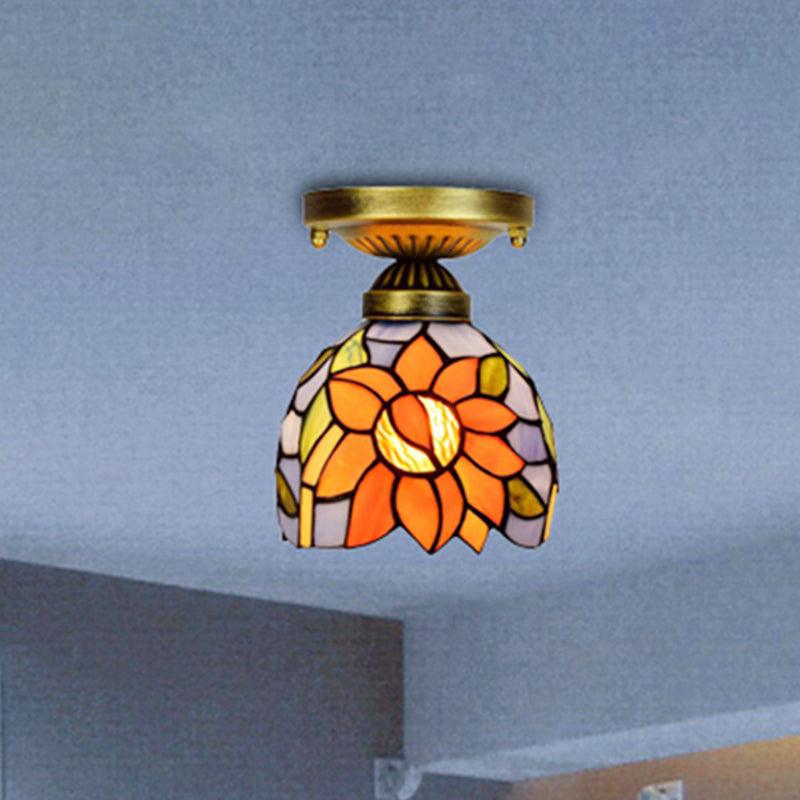 6 Inch Rustic Orange Ceiling Lamp Sunflower Stained Glass Light - Rebooters