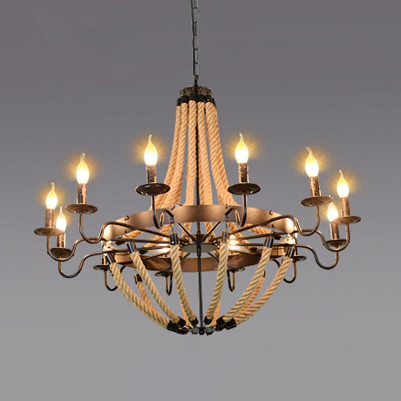 Black Finish Candle Shape Chandelier Light Industrial Rope Style Hanging Pendant Lamp - Rebooters