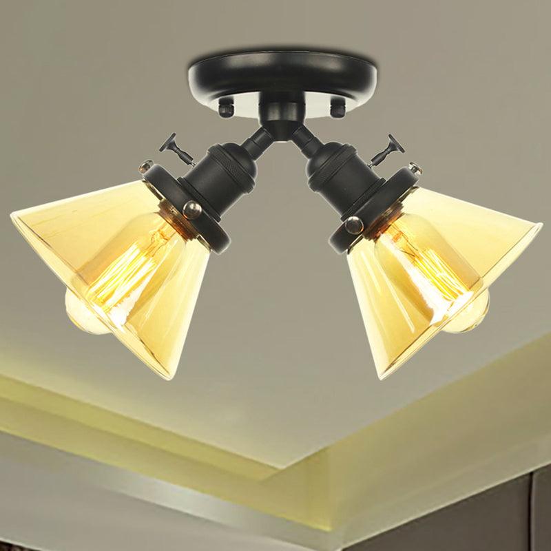 2 Heads Restaurant Ceiling Light Fixture Vintage Black Bronze Semi Flush Mount with Amber Clear Glass Shade - Rebooters