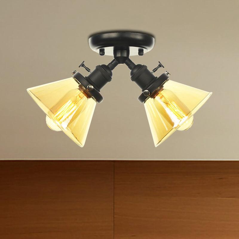 2 Heads Restaurant Ceiling Light Fixture Vintage Black Bronze Semi Flush Mount with Amber Clear Glass Shade - Rebooters