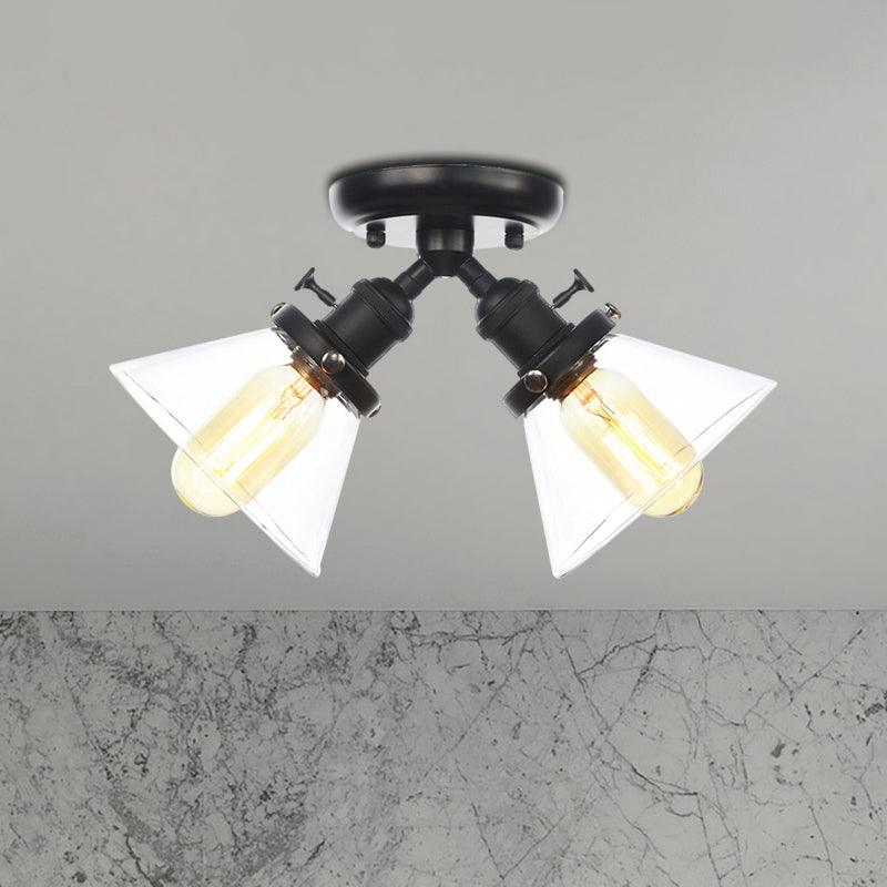 2 Heads Restaurant Ceiling Light Fixture Vintage Black Bronze Semi Flush Mount with Amber Clear Glass Shade - Rebooters