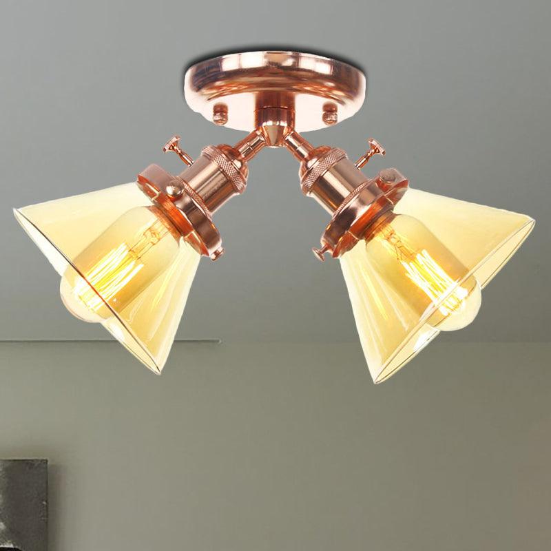 2 Heads Restaurant Ceiling Light Fixture Vintage Black Bronze Semi Flush Mount with Amber Clear Glass Shade - Rebooters