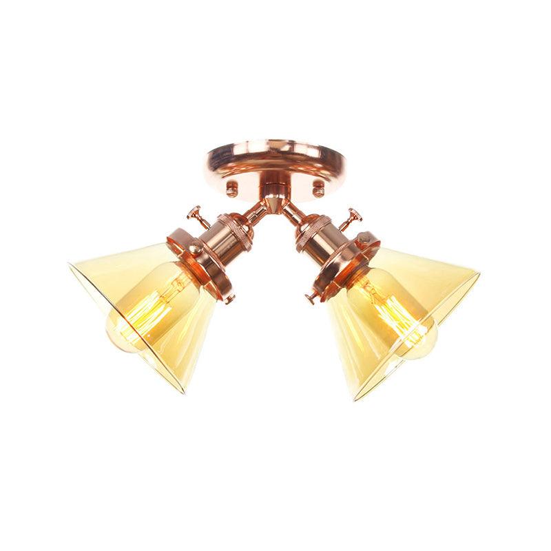 2 Heads Restaurant Ceiling Light Fixture Vintage Black Bronze Semi Flush Mount with Amber Clear Glass Shade - Rebooters