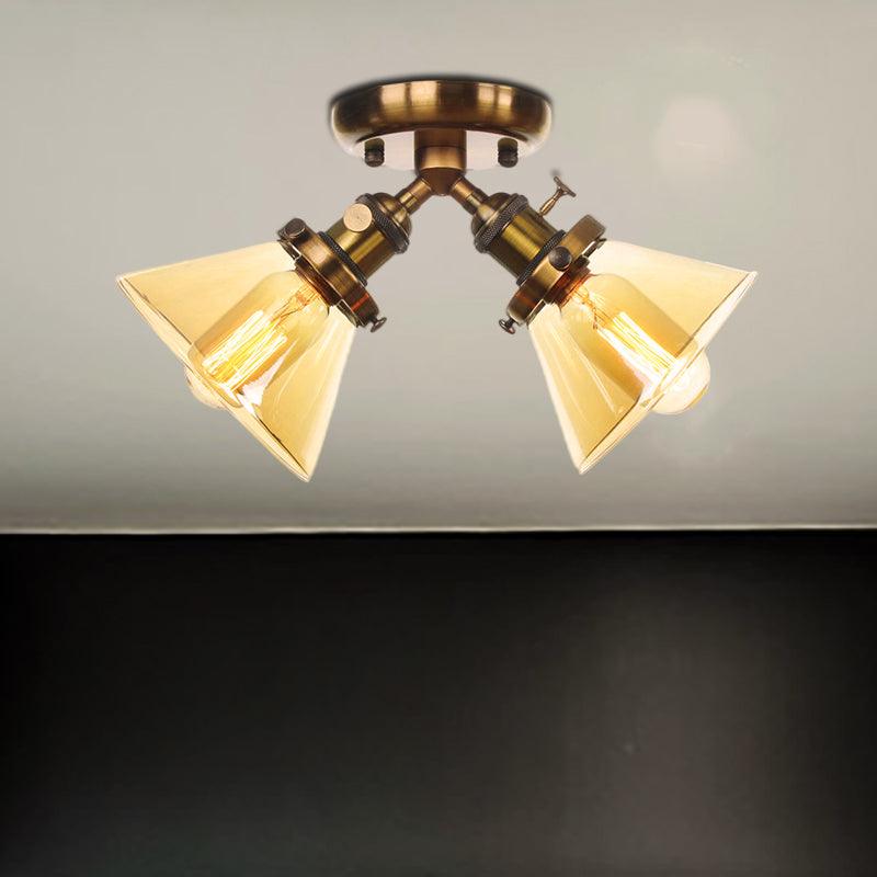 2 Heads Restaurant Ceiling Light Fixture Vintage Black Bronze Semi Flush Mount with Amber Clear Glass Shade - Rebooters