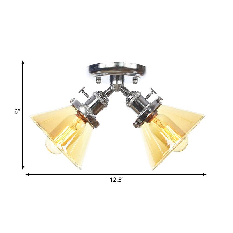 2 Heads Restaurant Ceiling Light Fixture Vintage Black Bronze Semi Flush Mount with Amber Clear Glass Shade - Rebooters
