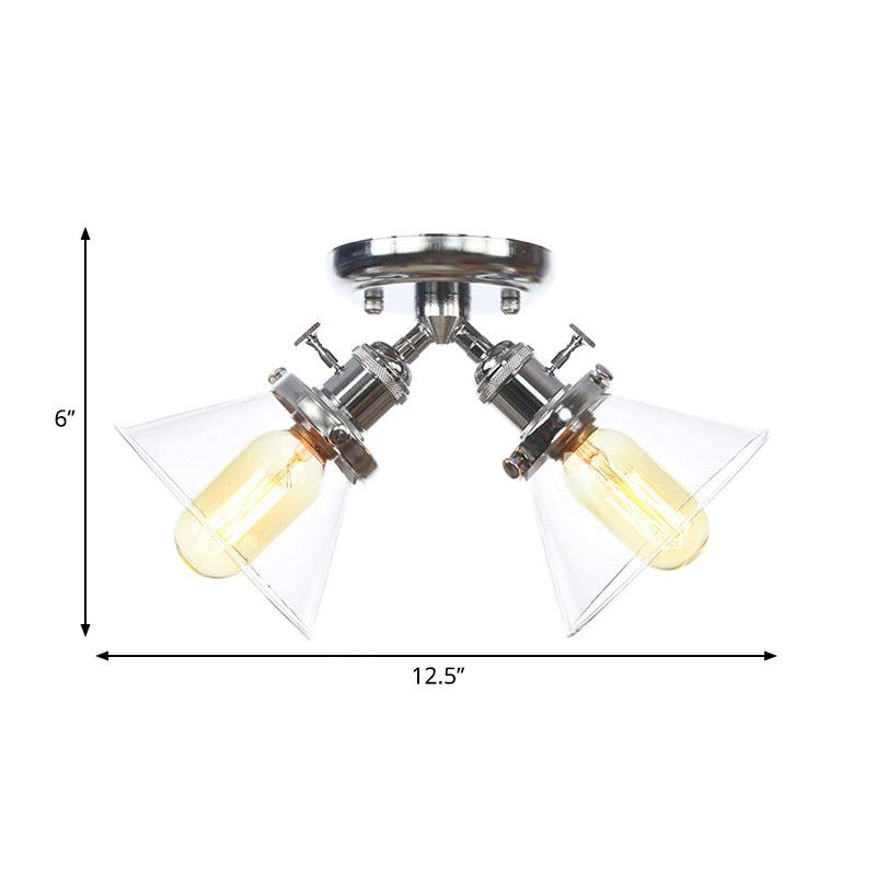 2 Heads Restaurant Ceiling Light Fixture Vintage Black Bronze Semi Flush Mount with Amber Clear Glass Shade - Rebooters