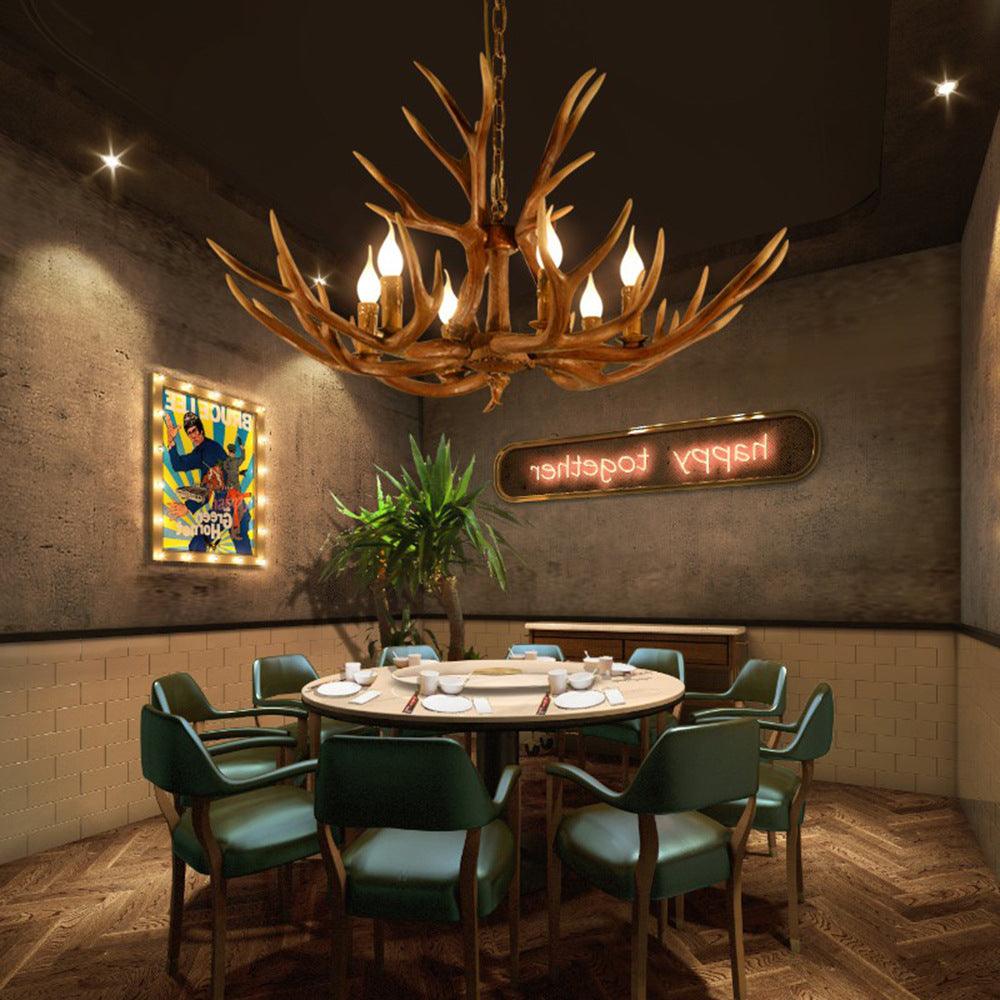 6-Light Original Wood Color Resin Deer Horn Chandelier - Rebooters