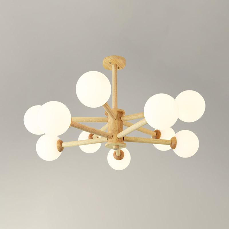 Beige Solid Wood Hanging Light Modern White Frosted Glass Chandelier - Rebooters