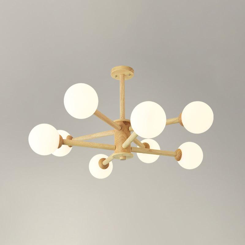 Beige Solid Wood Hanging Light Modern White Frosted Glass Chandelier - Rebooters