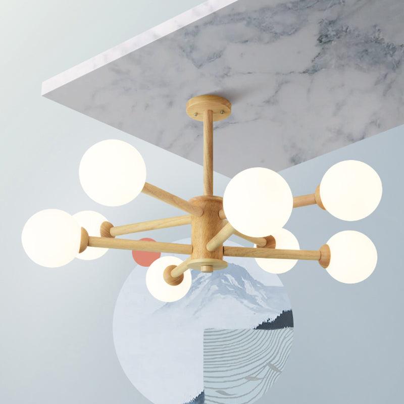 Beige Solid Wood Hanging Light Modern White Frosted Glass Chandelier - Rebooters