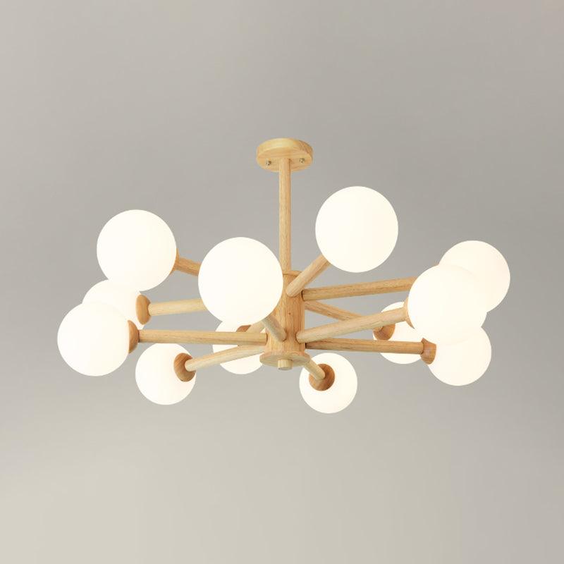 Beige Solid Wood Hanging Light Modern White Frosted Glass Chandelier - Rebooters