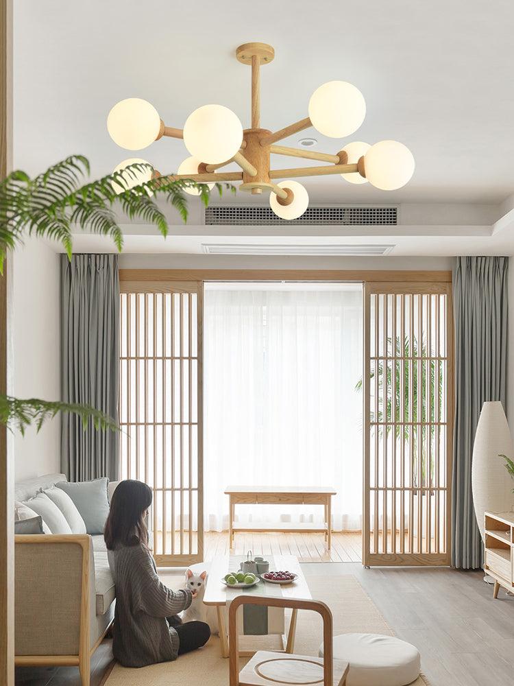 Beige Solid Wood Hanging Light Modern White Frosted Glass Chandelier - Rebooters