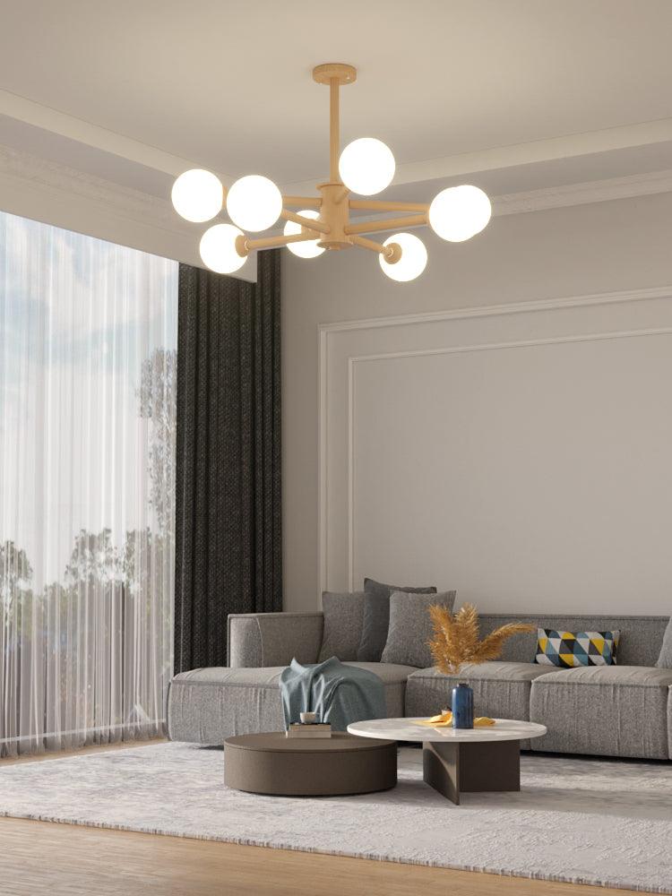 Beige Solid Wood Hanging Light Modern White Frosted Glass Chandelier - Rebooters