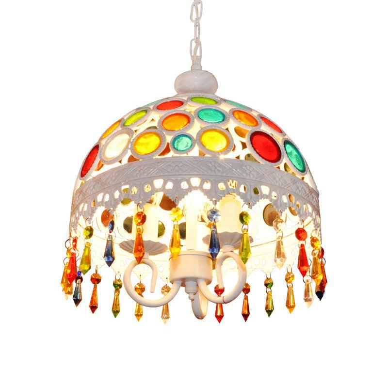 3 Lights Dome Chandelier Lighting with Multi Colored Crystal Bead Bohemia Pendant Lamp - Rebooters