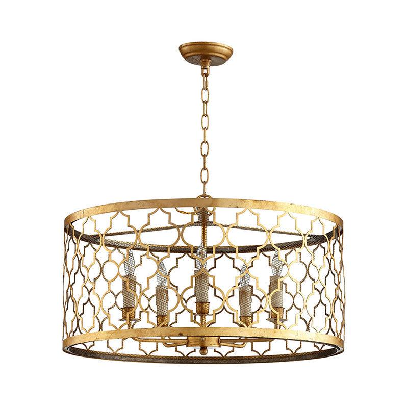 5 Lights Ceiling Suspension Lamp Country Drum Metal Chandelier Lighting in Gold for Living Room - Rebooters