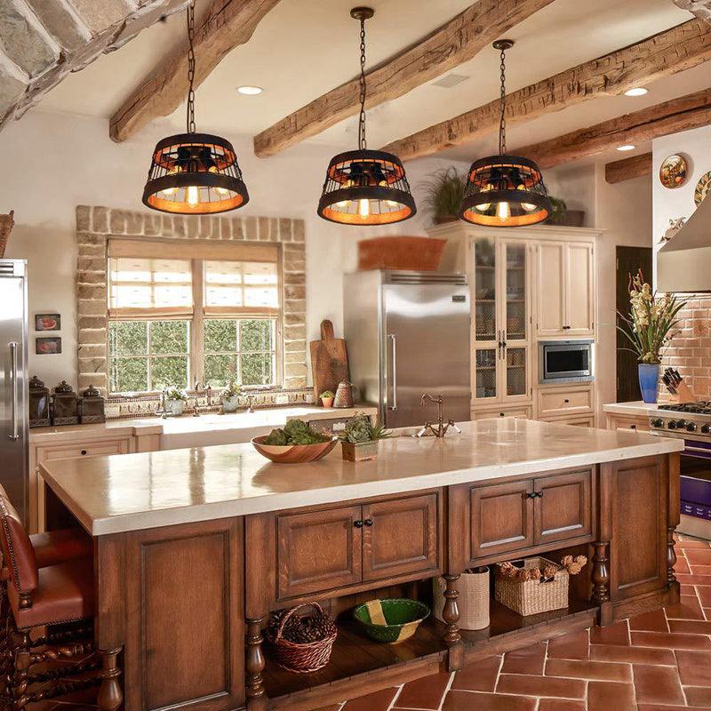 3 Lights Drum Ceiling Pendant Vintage Wood Metal Chandelier - Rebooters