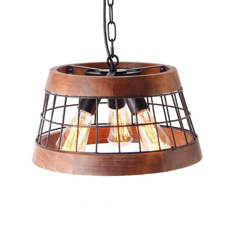 3 Lights Drum Ceiling Pendant Vintage Wood Metal Chandelier - Rebooters
