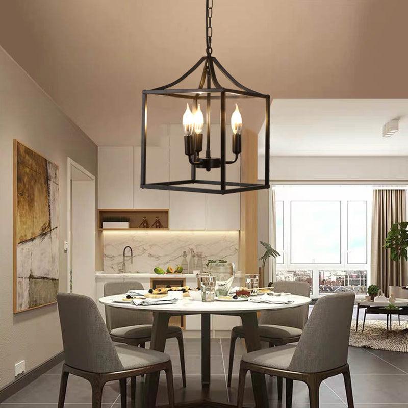 Black 3 Lights Pendant Lighting Retro Square Cage Chandelier - Rebooters