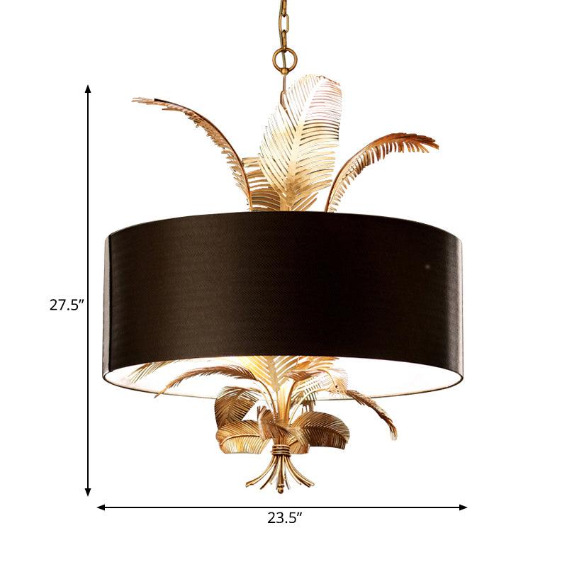 6 Lights Ceiling Light Country Drum Fabric Hanging Chandelier in Black for Dining Room with Leaves Deco - Rebooters