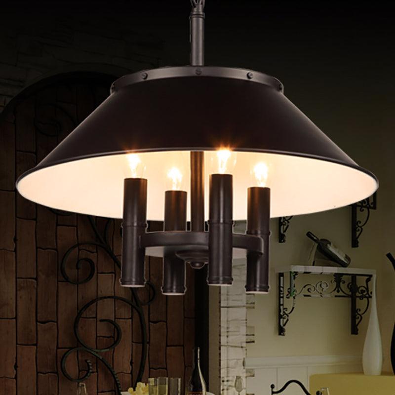 4 Lights Chandelier Lighting with Conic Shade Metallic Farmhouse Style Dining Room Hanging Lamp in Black - Rebooters