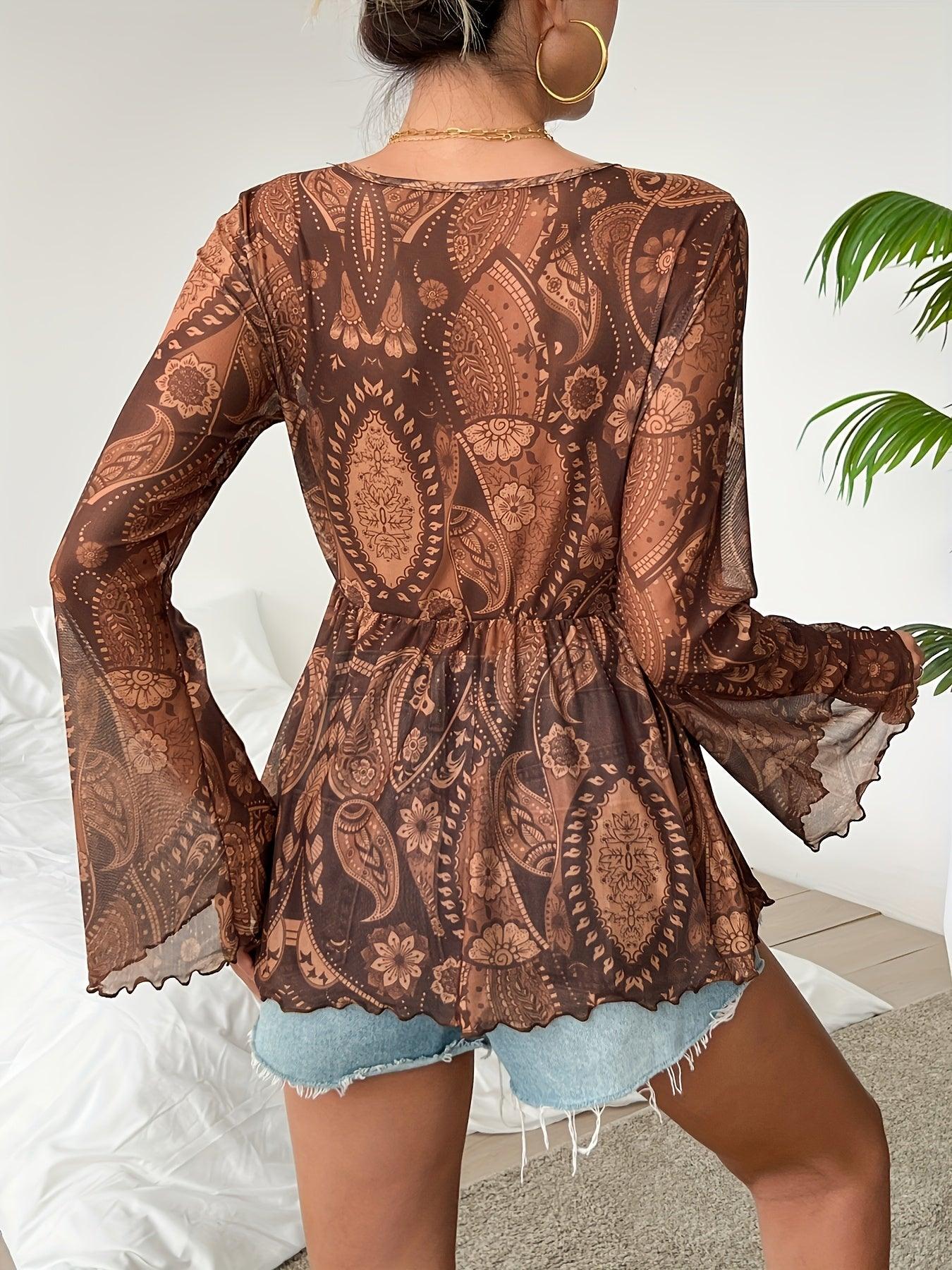 Boho Paisley Top With Bell Sleeves For Women - Trendy Chic Rebooters Womens Shirts