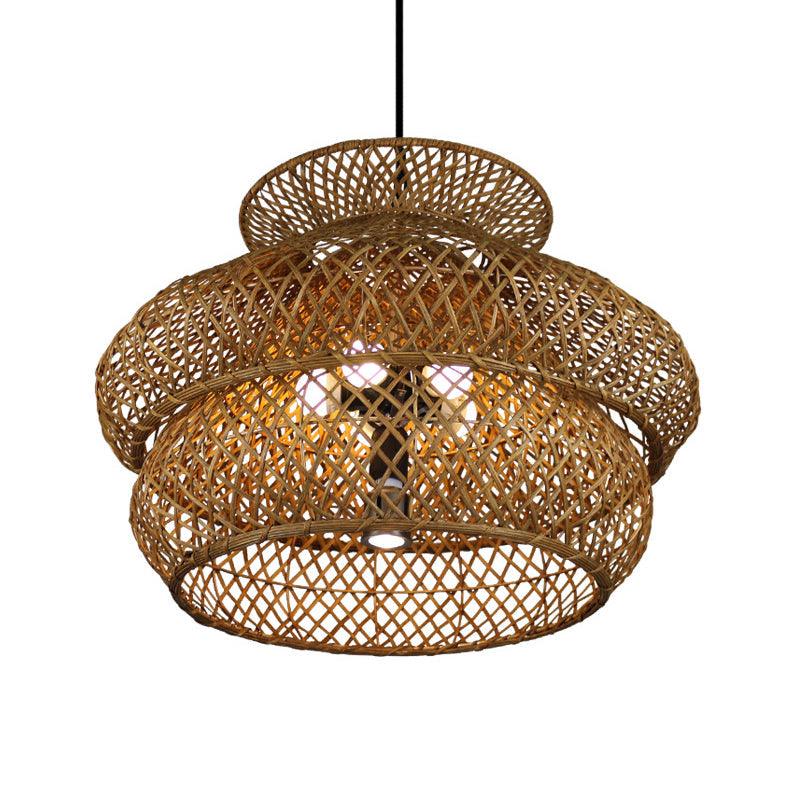 2-Layer Suspension Pendant Retro Bamboo LED Wood Light Kit - Rebooters