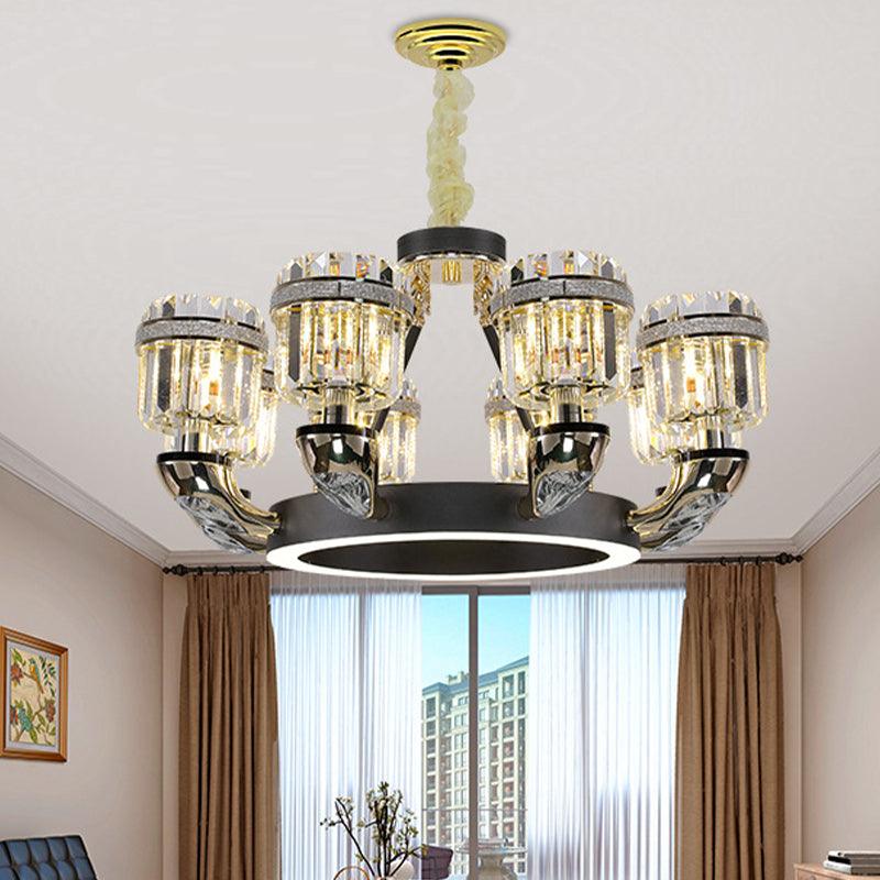Beveled Crystal Cylinder Chandelier Lighting Traditional 6/8 Lights Black LED Pendant for Bedroom - Rebooters