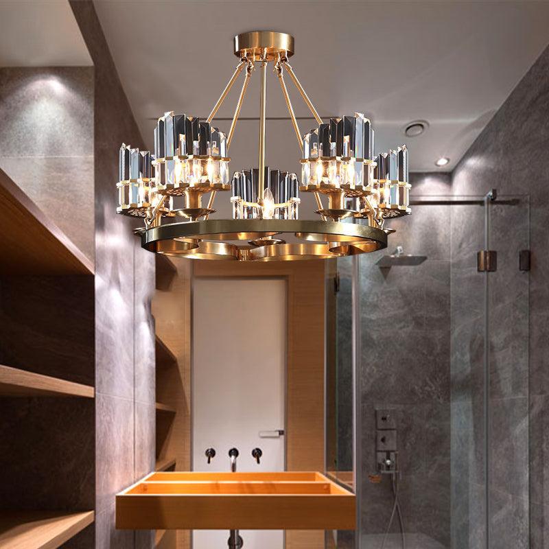 5 Heads Circular Hanging Ceiling Light Modern Gold Tri-Sided Crystal Rod Pendant Chandelier - Rebooters