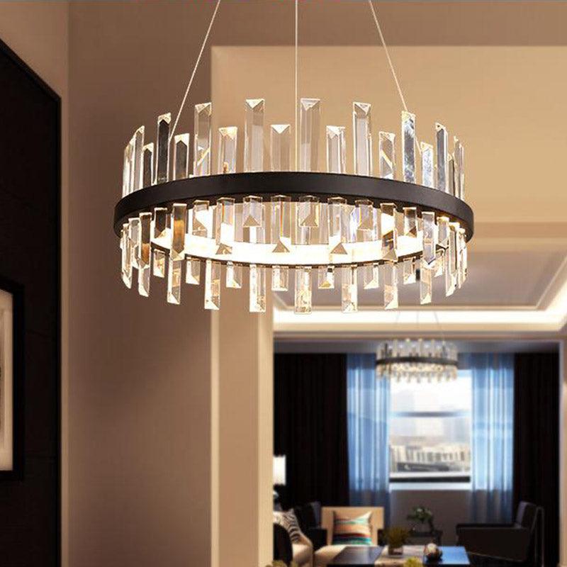Circular Pendant Ceiling Light Modern Rectangle-Cut Crystal Black/White LED Chandelier 23.5"/31.5" Wide - Rebooters